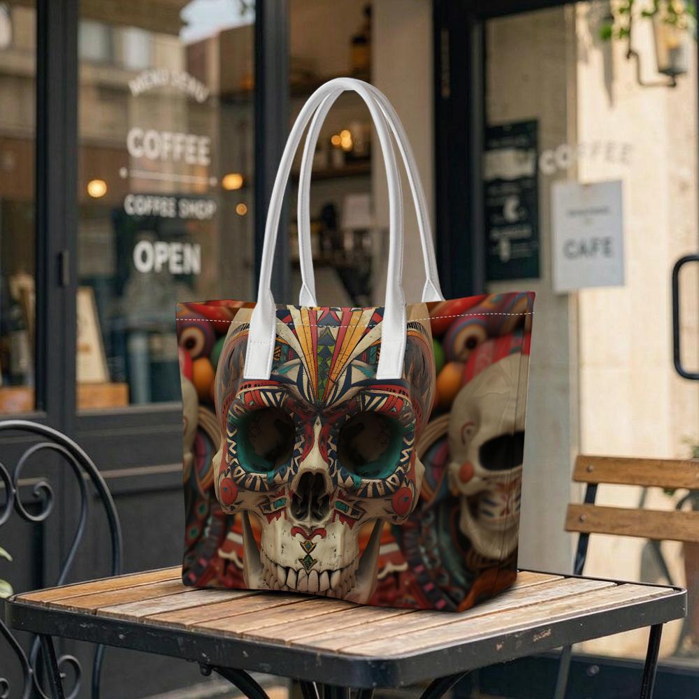 Vintage Skull Pattern Tote Bag for Daily Shopping Portable Large Capacity Shoulder Bag for Outings Unique Fashionable Carryall Purse