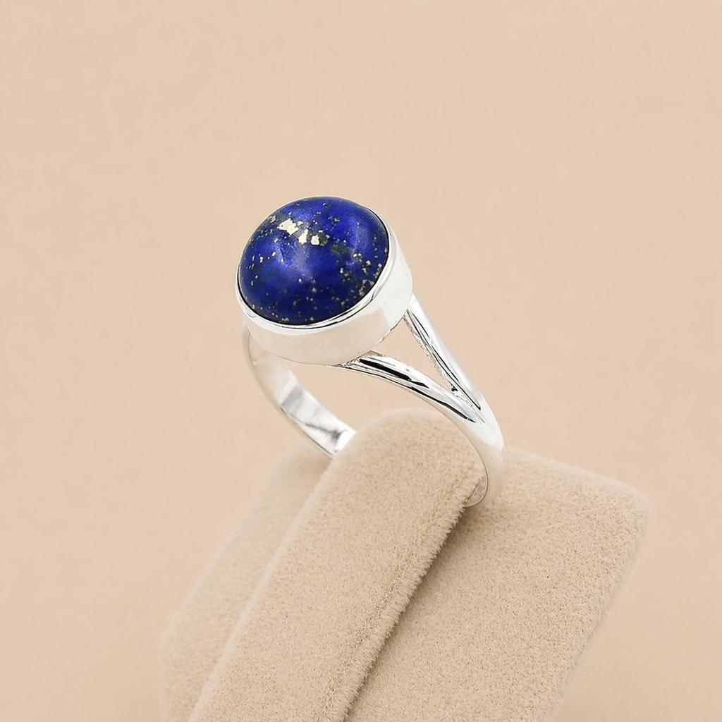 Lapis Lazuli Round Ring, 925 Sterling Silver Blue Gemstone Ring, Boho Minimalist Statement Jewelry