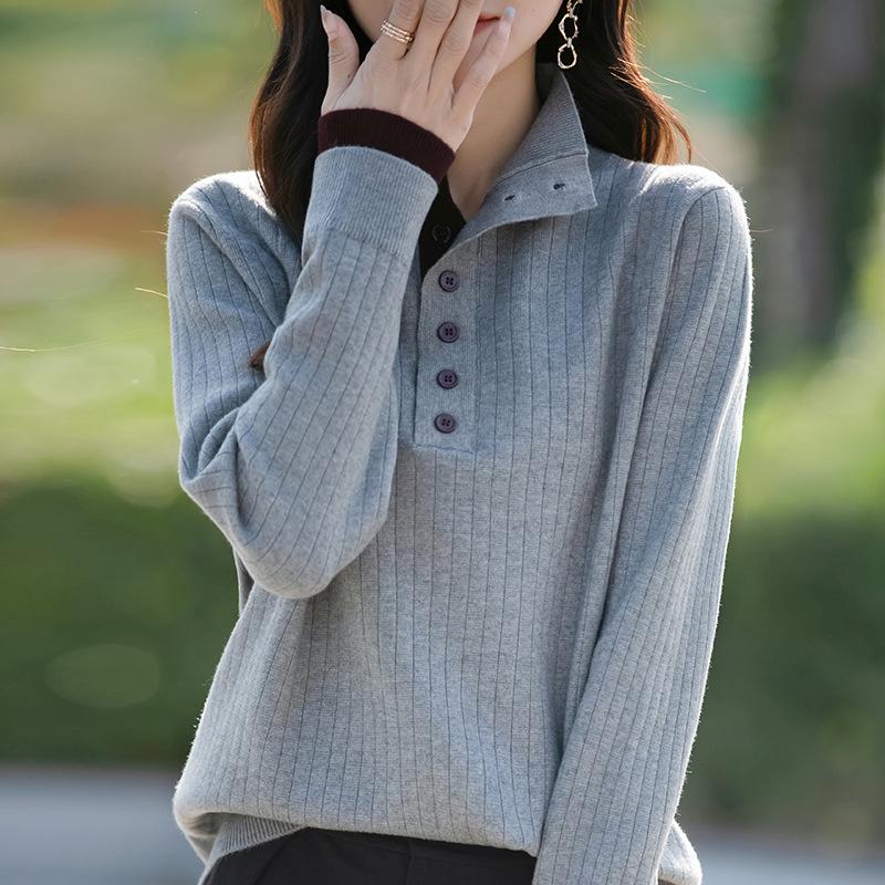 

Женский вязаный свитер из двух частей в рубчик в стиле ретро с цветными блоками, воротником половинной застежки, длинными рукавами и стильной вязкой Medium