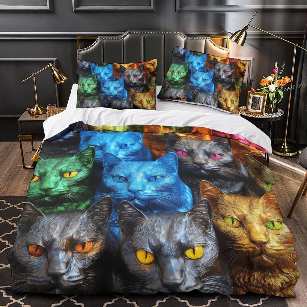 3D Digital Printing Color Cat Series Quilt Cover Pillowcase Two Or Three-Piece Set Polyester Abraded