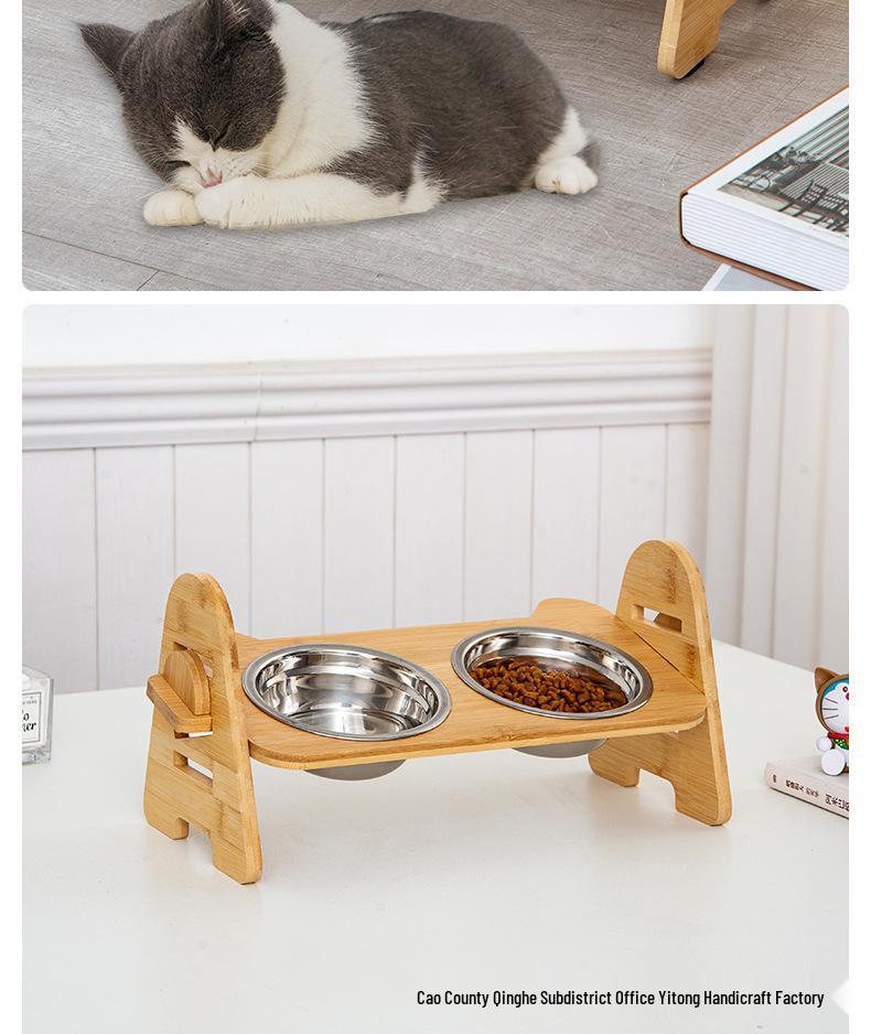 Adjustable Bamboo Cat & Dog Bowl Stand with Double Bowls and Pet Neck Protection