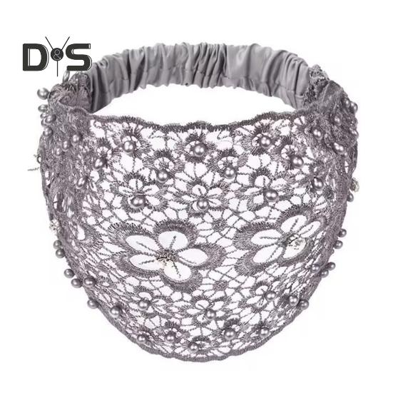 

Женская повязка на голову с цветочным узором, блестящие стразы, искусственный жемчуг, резинка для волос, высокая эластичная широкая резинка для волос серый