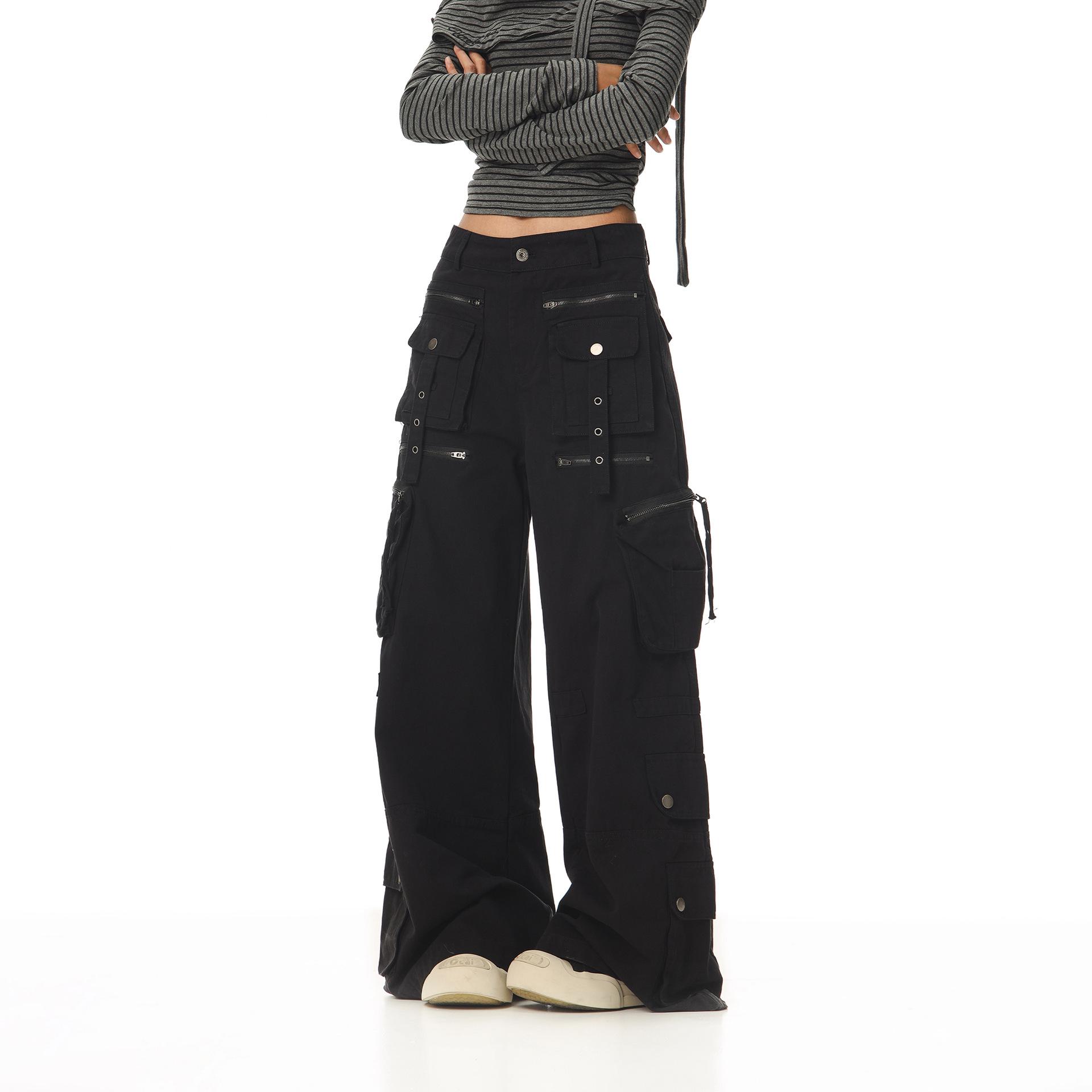 

Unisex Retro Multi-Pocket Wide-Leg Casual Work Pants L чёрный