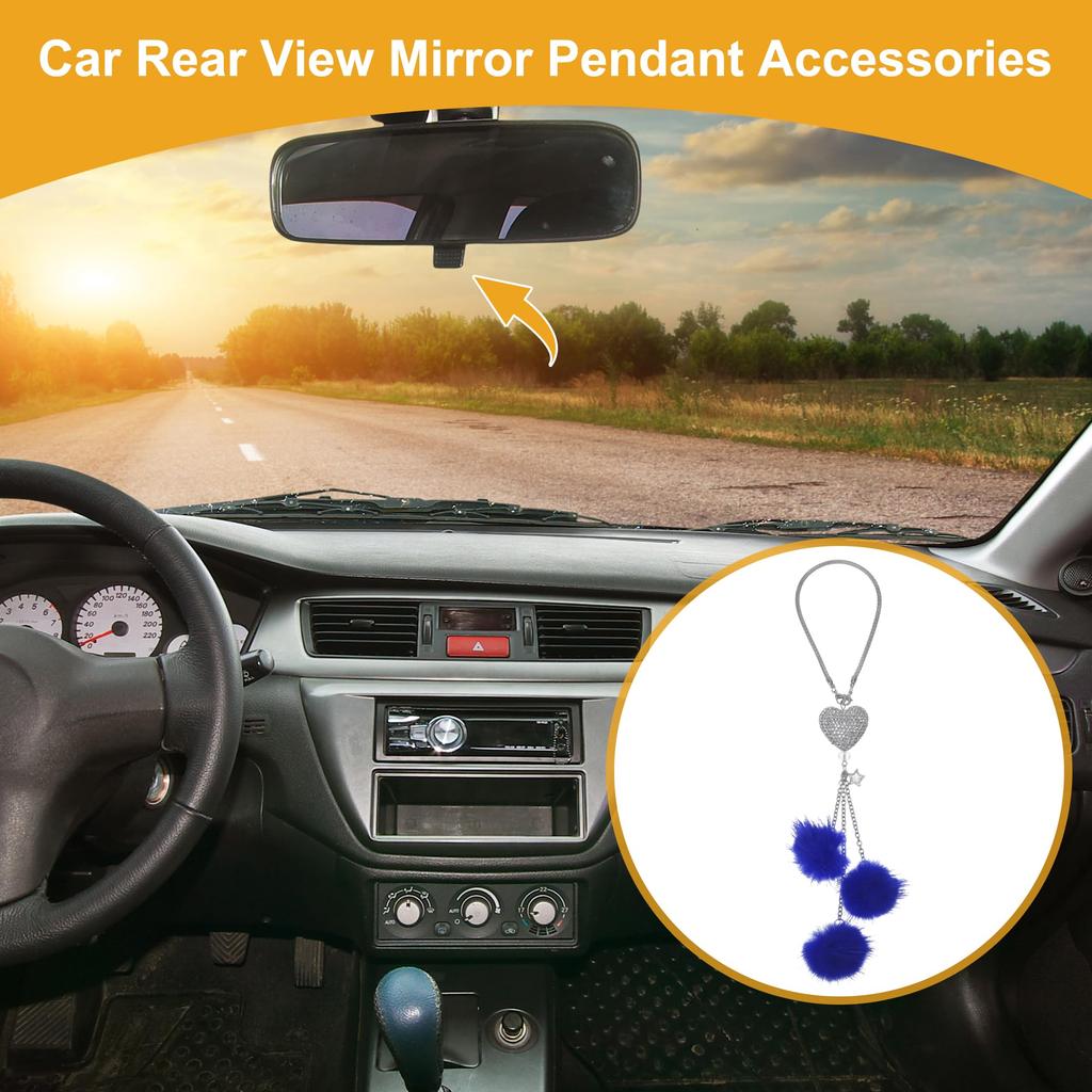Partuto 1pcs Artificial Crystal Peach Heart Mink Hair Car Rear View Mirror Pendant Accessories Car Hanging Ornament Blue