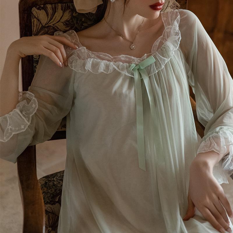 European & American Lace Mesh Long-Sleeve Rayon Nightdress for Women, Loose Fit, Plus Size, Maternity & Sexy Design