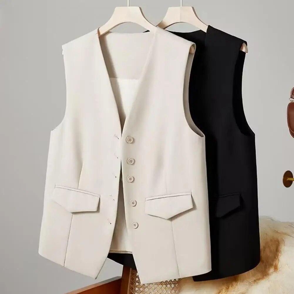 Damen-Anzugweste, elegante Damen-Businessweste mit V-Ausschnitt, ärmellose Weste für Büro, Pendler, einfarbig, einreihig