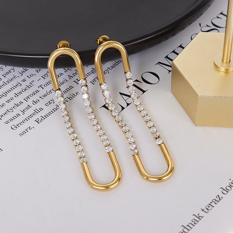 Französische minimalistische geometrische U-förmige Zirkon Titanstahl Ohrringe, 18K vergoldete Stecker