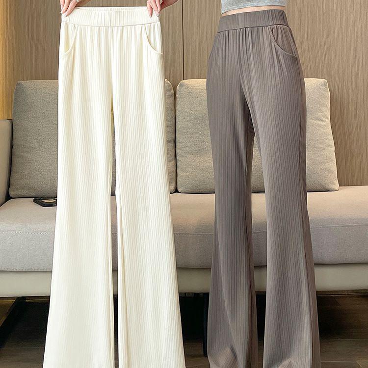 

Жіночі літні тонкі штани кльош з широкими штанинами з крижаного шовку великого розміру - Вільний крій, Звужують прямі штанини, Дизайн мікрокльош. S