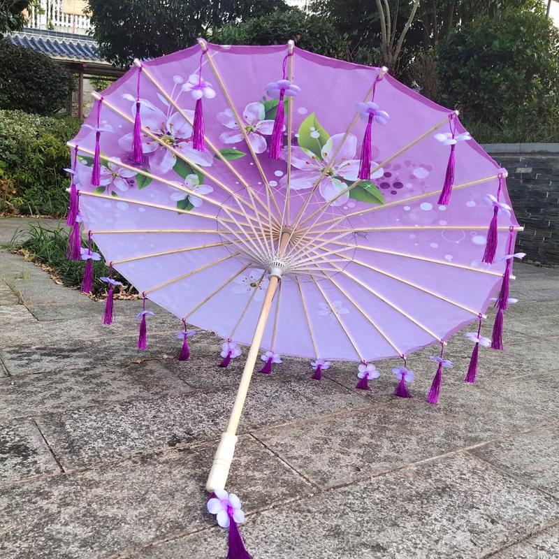1PC Umbrella 70/82CM Oil Paper for Women Girl Performance Photo Props Antique Umbrella Parasol Satin Cloth Tassel