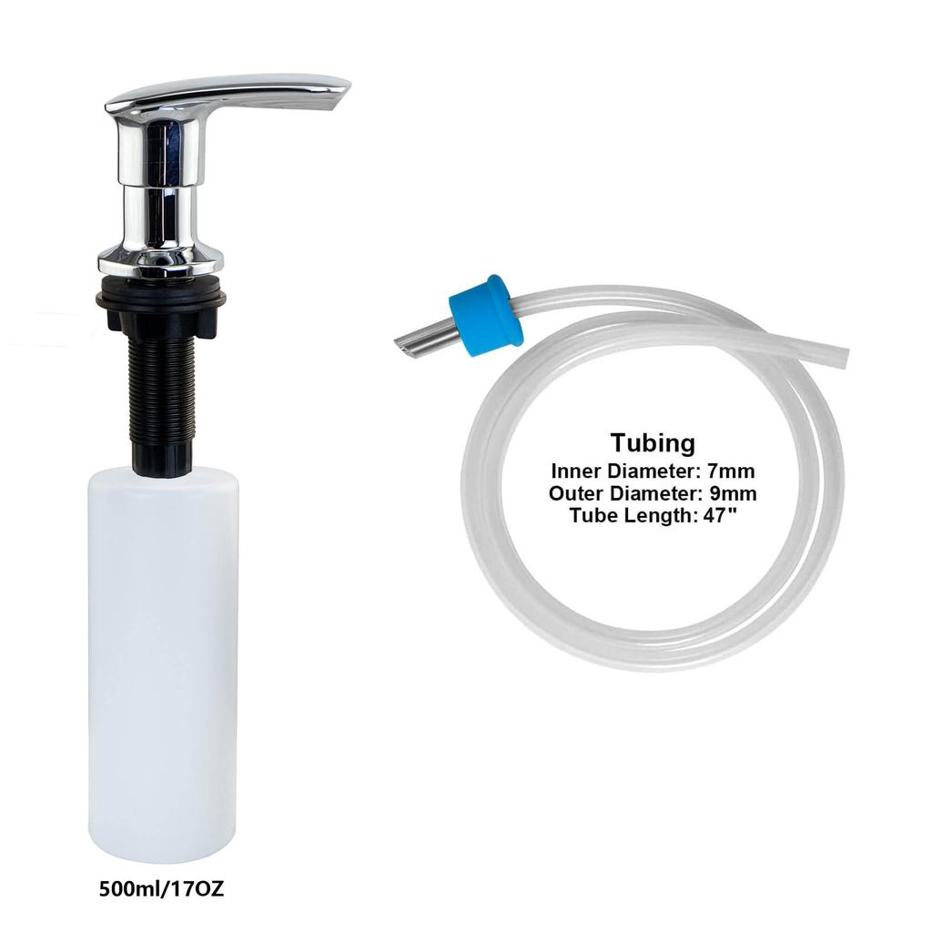 Aço Inoxidável e Liga de Zinco Pia de Cozinha Cromada Dispensador de Sabão com Área de Pressão Grande Tubo de Extensão de 47 Polegadas e Garrafa de 17oz