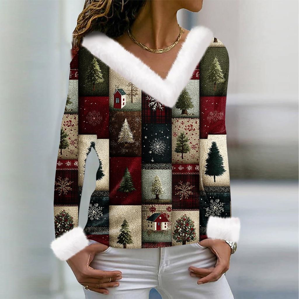 Camiseta de mujer, camiseta navideña, camiseta de manga larga, fiesta, estampado navideño, cuello polar, cuello en V