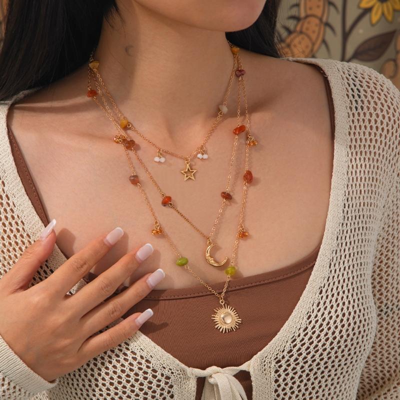 Multilayer Long Necklace with Beaded Designs Sun Pendant Necklace Fashionable Bohemian Jewelry for Various Occasion