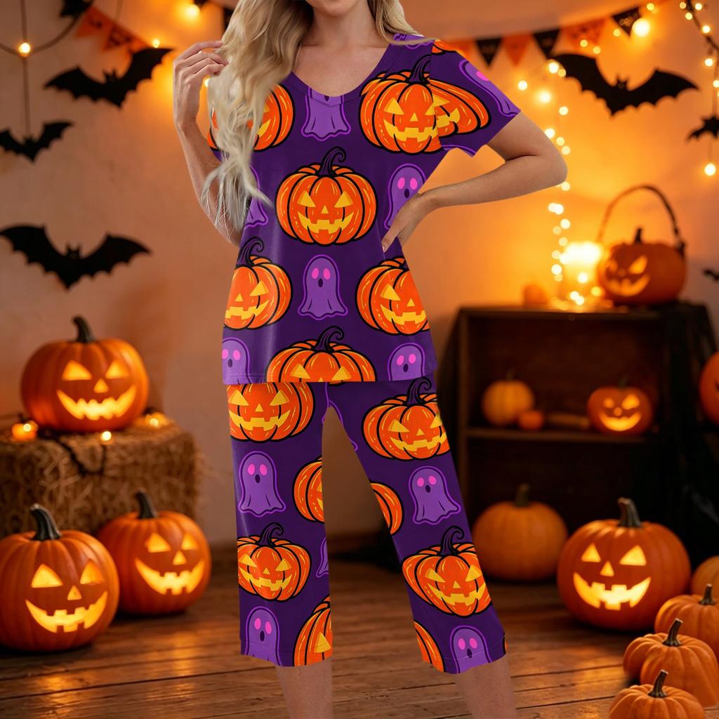Women Two Piece Halloween Print Set Short Sleeve Top and Cropped Pants Casual Sportswear Outfit for Daily Wear Lounge Home