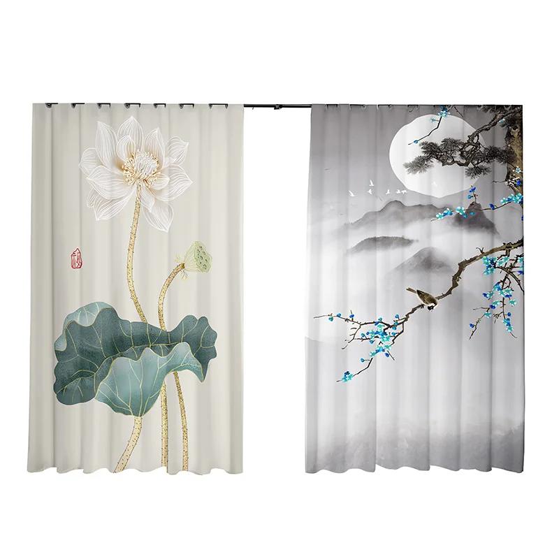 

Китайский занавес, экран, новая китайская гостиная, атмосфера высокого класса, чернильный цветок лотоса, ретро, дзен, высокое затенение, новый модный узор W55 X H120cm X 2&Grommet Top