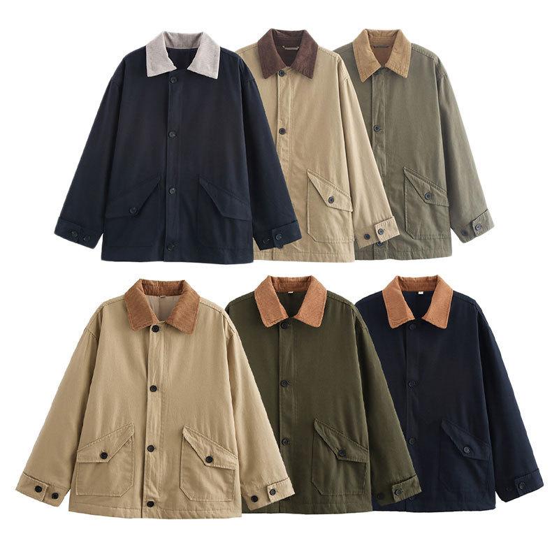 Retro Jacket, Spring Long Sleeved, Contrasting Collar, Patch Pocket, Buckle Decoration, Loose Jacket, Women's Clothing