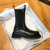 Classics Height Increasing Ankle Boot Women's Round Toe Black Leather Mid-Calf Boot Elastic Band British Style Women Shoes 35-40