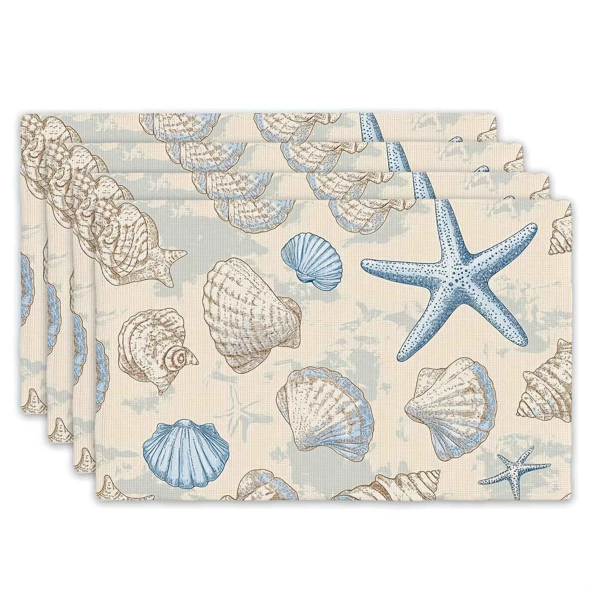 4Pcs, Light Blue Shell Hand-Painted Placemats, the Best Placemats, Washable, Suitable for Holiday Parties, Home Decor, Kitchen Tables 4PCS