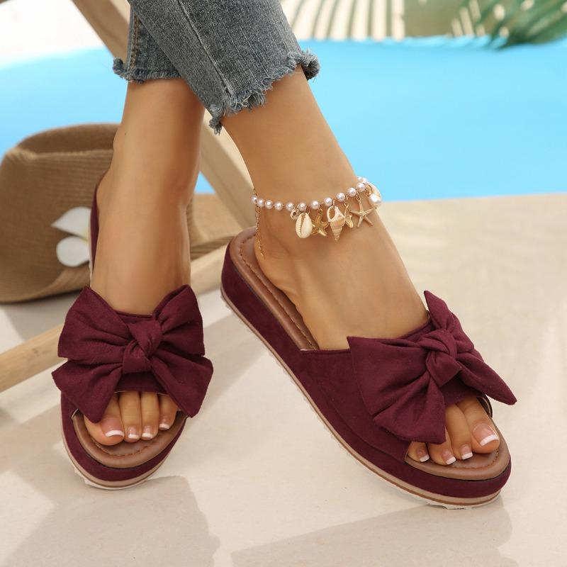 Women's Summer Wedge Thick-Soled Peep-Toe Bow Slide Sandals, Beach Casual Footwear, Available In Large Sizes.