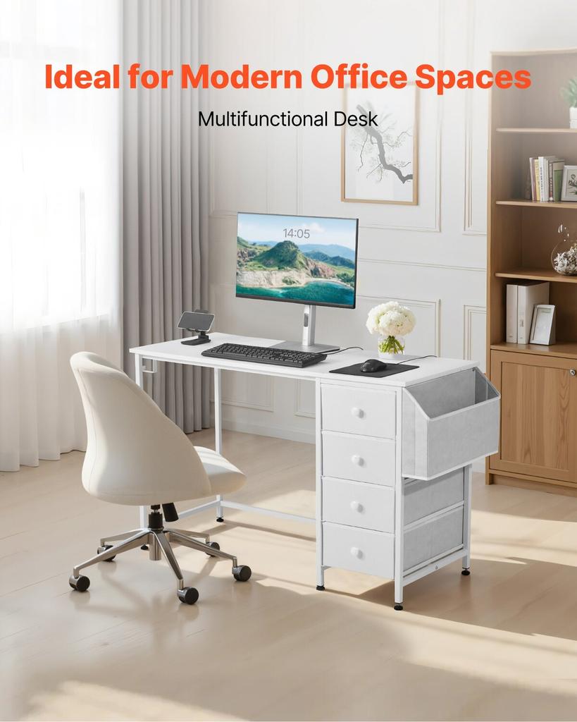 Computer Desk with Fabric Drawers, 120 Cm Reversible Study Work Writing Desk for Modern Home Office Bedroom, Simple Modern Cute PC Table Metal Frame