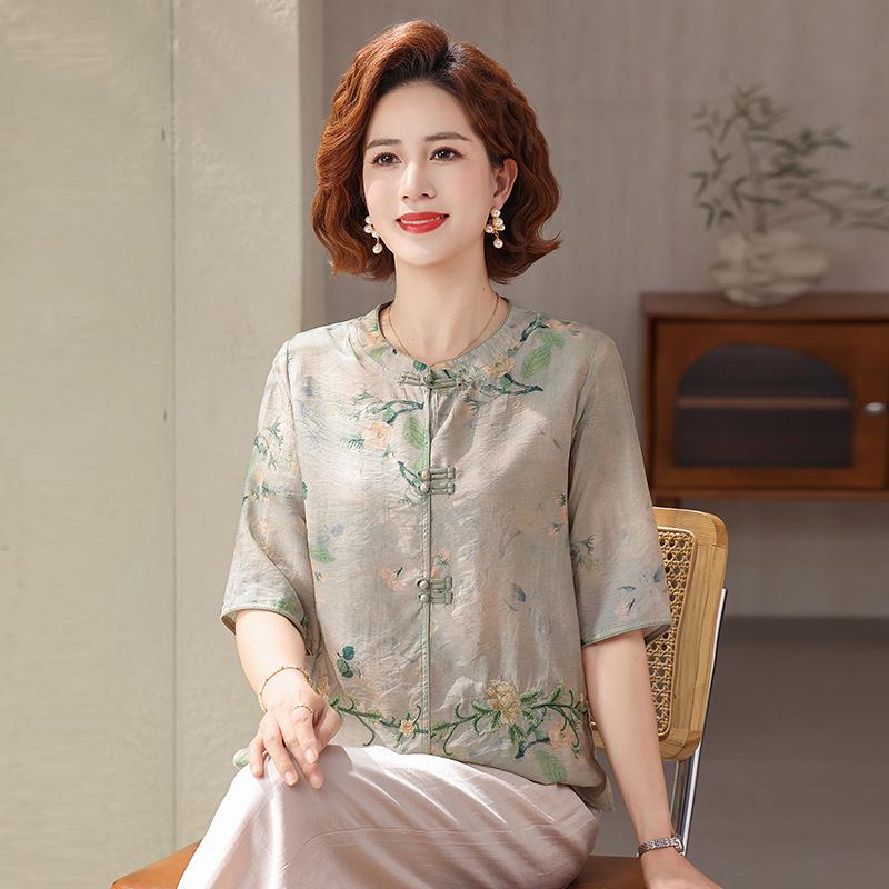 2026 New Style High-End Chiffon Mid-Sleeve Summer Top for Moms: Elegant Thin Design for Middle-Aged and Elderly Women