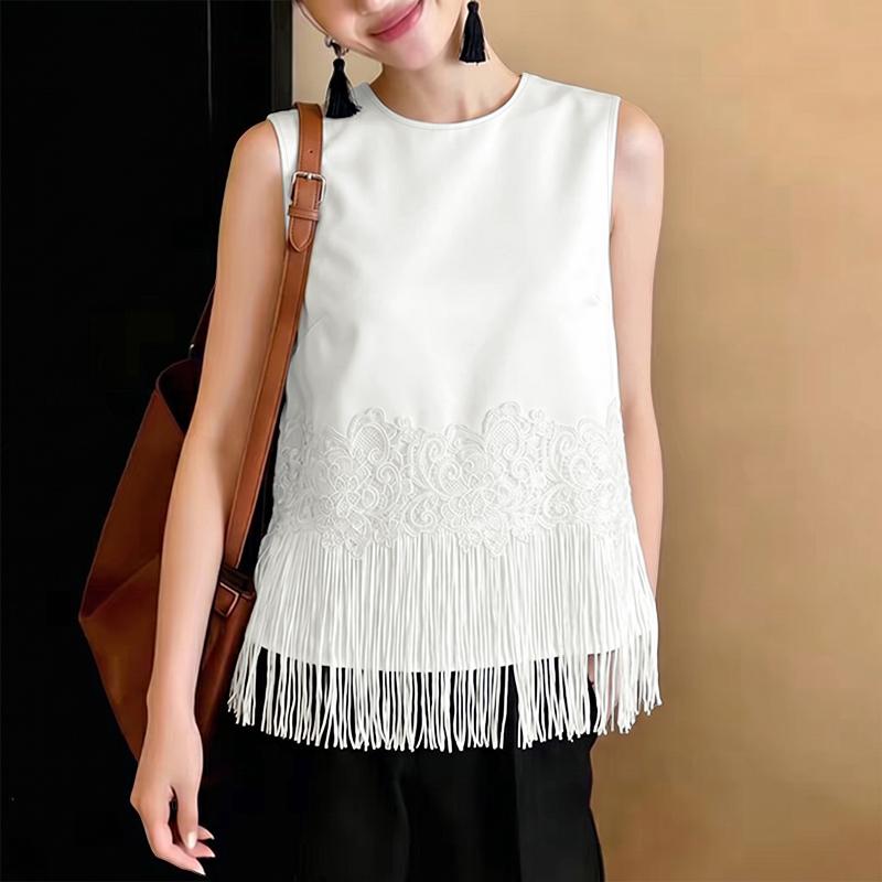 ZANZEA Women Casual Round Neck Lace Tassel Splice Loose Sleeveless Tank Tops M