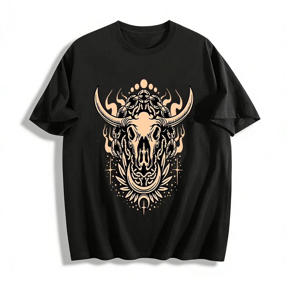 

Vintage Western Style Bull Skull Print Casual Short Sleeve T-Shirt Pure cotton T-shirt XXS