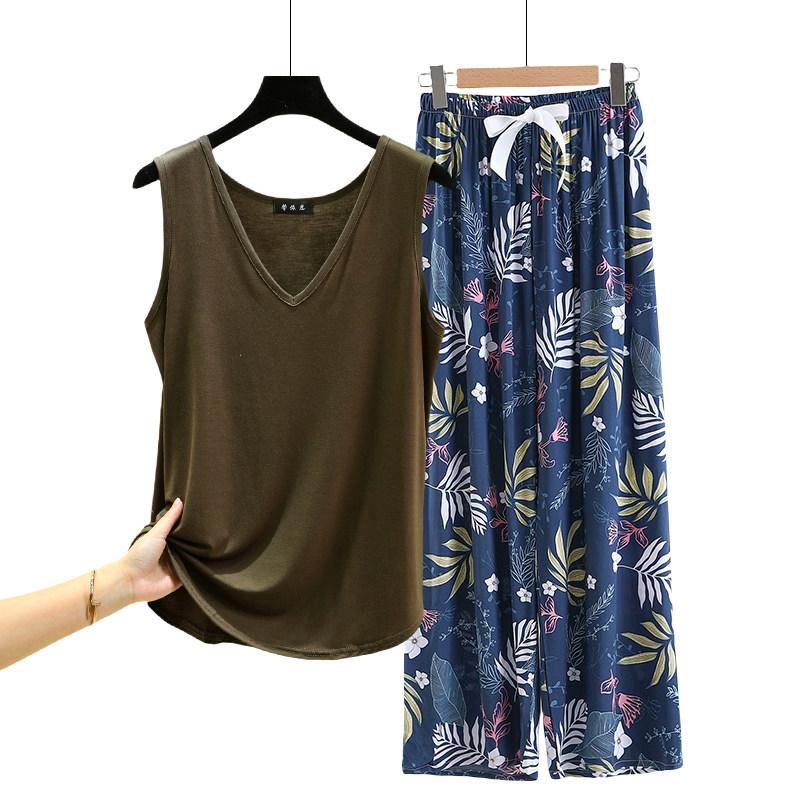 Lockere Modal-Pyjama-Sets Sommer V-Ausschnitt Tanktop und Florale Weite Hosen Lässiger Hausanzug ärmellos Loungewear Übergröße