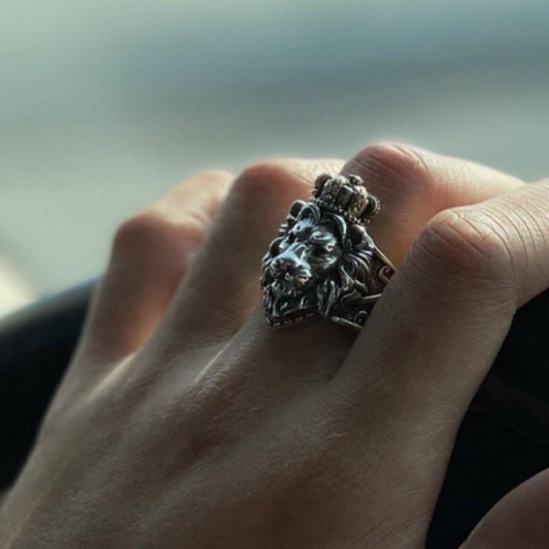 Adjustable Lion Head Ring With Crown Design Men Women Sterling Vintage Statement