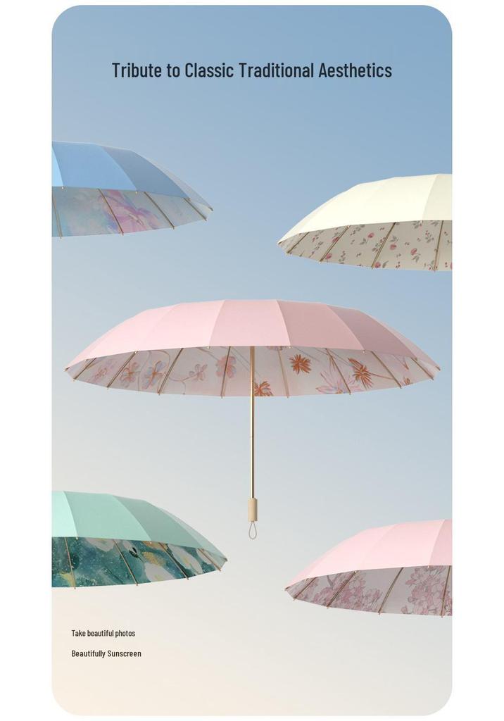 32-Rib Dual-Use Sun & Rain UV Protection Women's Folding Umbrella - New Chinese Ancient Style