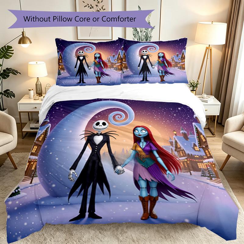 3pcs Duvet Cover Set, Halloween Jack Sally Skull Bedding Set, Machine Washable, Breathable Fabric, All-Season Cozy Bedroom Accessory
