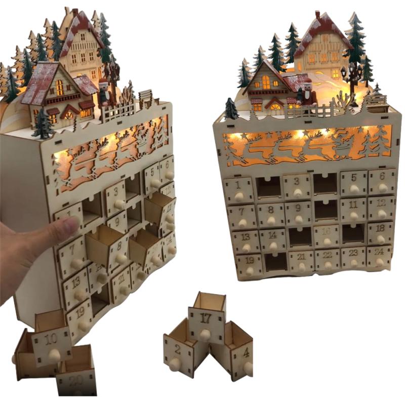 Calendar Ornament Wooden Christmas Advent Calendar Reindeer Village LED Holiday Decoration Christmas