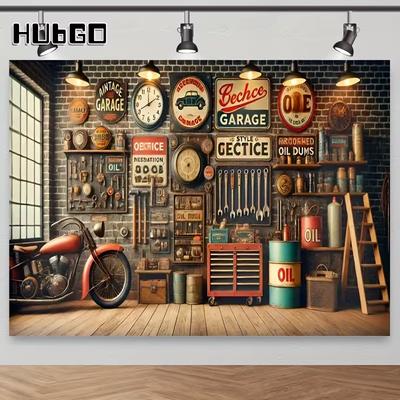 2D Retro Motorcycle Garage Backdrop for Men Mechanic Birthday Portrait Photoshoot