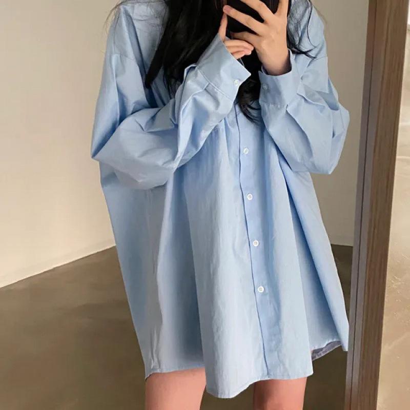 Übergröße Koreanischer Stil Blau Langarm Hemdkleid für Damen - Frühling/Herbst 2025