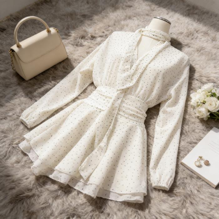 

Elegant Women s Plus Size Polka Dot Chiffon Dress with Ribbon, Waist-Cinching Long Sleeves, and Ruffled Short Skirt for Spring/Summer 2026 XL