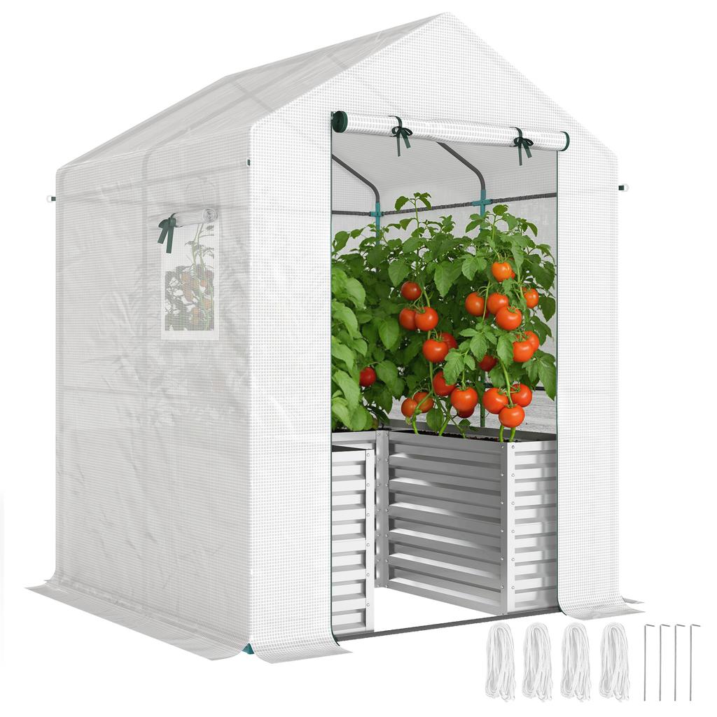 Serra per Pomodori Serra con Fioriera a Rialzo Finestra con Porta Arrotolabile Tetto Inclinato 141 x 141 x 190 cm Bianco