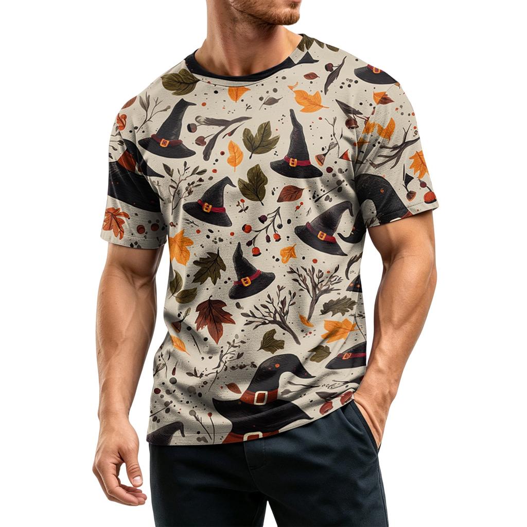 Men's Casual Quick-Dry Breathable Mesh Short Sleeve T-Shirt Lightweight Round Neck Top Halloween Print Design Suitable for Outdoor Activities