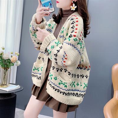 Suéteres Abrigo de flores Cárdigan Otoño Mujer Estampado Suéteres de cuello redondo Suéter de punto Chaqueta suelta