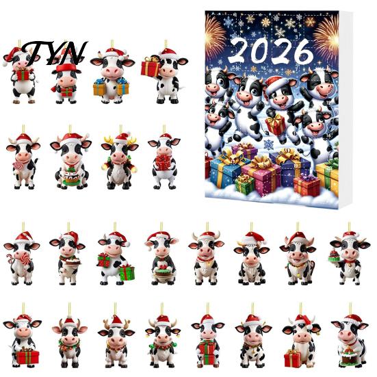 2026 Holiday Atmosphere Gift Set Christmas Cow Ornament Advent Calendar 2026, 24 Days 2D Acrylic Hanging Pendant Flat for Car Rearview Mirror