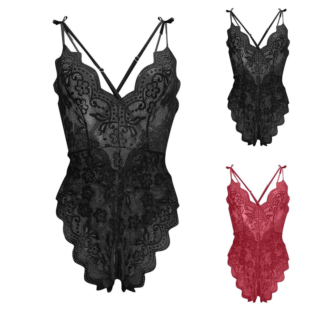 Women's Sexy Lace Lingerie Bodysuit Deep V-Neck Floral Lace Teddy, Adjustable Straps, One-Piece Sleepwear
