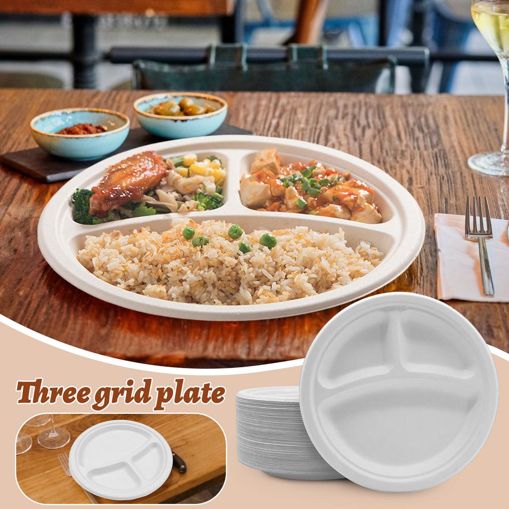 Disposable Dinner Plates, Thickened Food-grade Tableware, Round Snack Plates, Barbecue Plates, Buffet Paper Plates, Three-grid Paper Plates