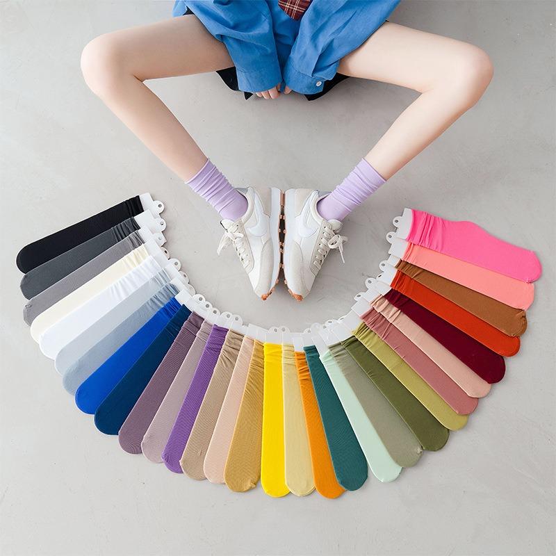Female Spring and Summer Thin Solid Color All Kinds of Candy Color Breathable In The Cylinder Pile Socks