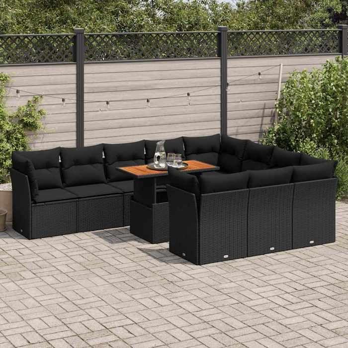 VidaXL Salon de jardin 11 pcs avec coussins noir résine tressée, ensemble de canapés d'extérieur, salon de jardin 3326974