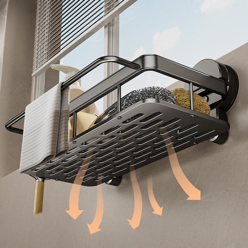 AOBT No-Drill Kitchen Sink Storage Rack Suction Cup Cloth Draining Rack Multifunctional Wall-Mounted Sink Shelf Utensils Dishes