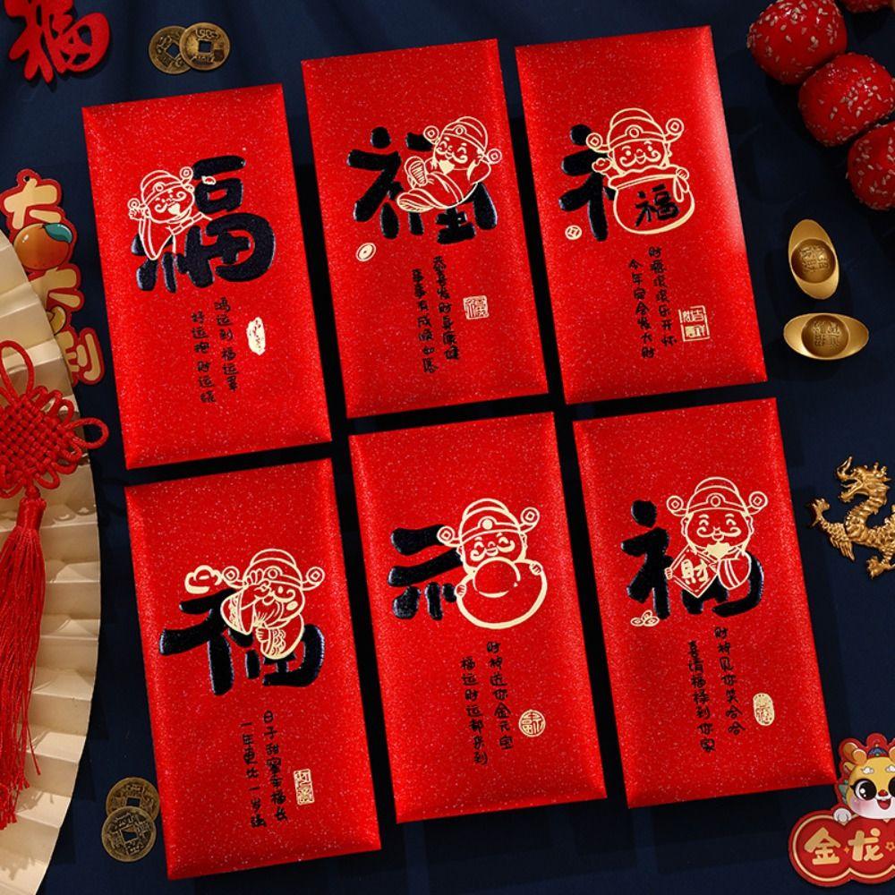 6pcs Calligraphy Chinese New Year Red Pocket Cartoon Lucky Money Bag  Wedding Birthday