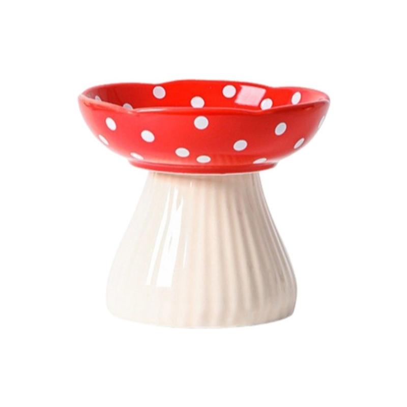 

Elevated Cats Mushroom Shape Bowl Prevents Choking and Vomiting Cartoon Cats Feeding Dish Handcrafted Stand червоний