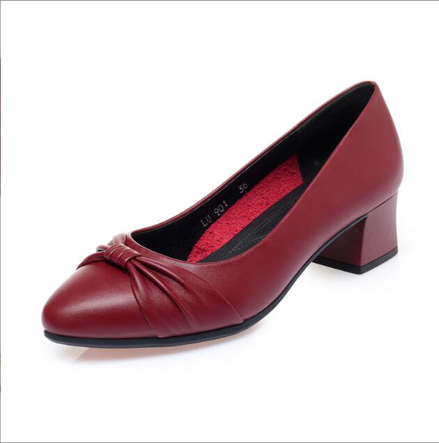 

Women Stylish Round Toe Genuine Leather Square Heel Pumps Lady Casual Black Comfort Career Office Heel Shoes 42