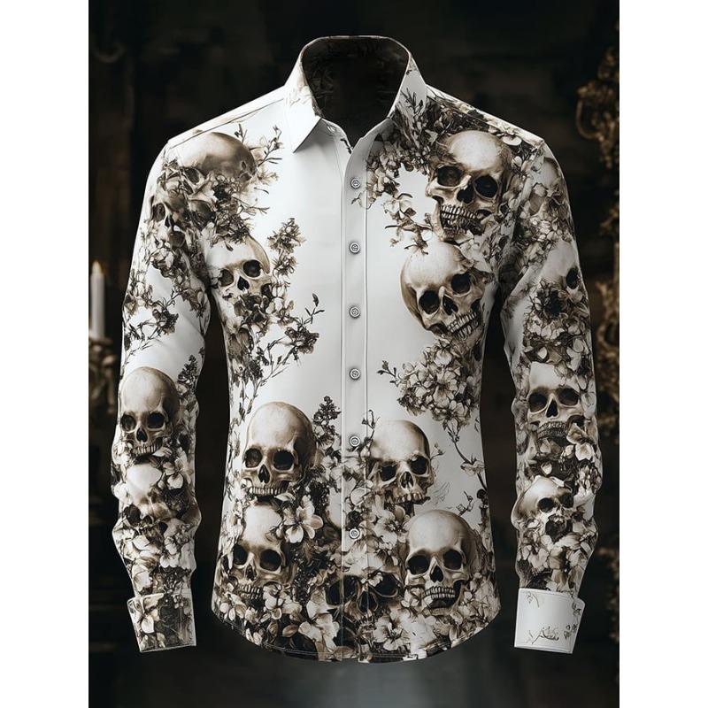 Men's Long Sleeve Shirt Stripe Graphic 3D Print Slim Fit Skull Outdoor Streetwear Button Clothing Fashion Style Design Tops