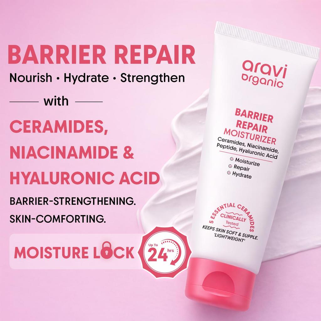 Aravi Organic Advanced Barrier Repair Moisturizer | With Ceramide & Hyaluronic Acid | Deep Hydration & Skin Barrier Protection - Pack of 3 (100g)