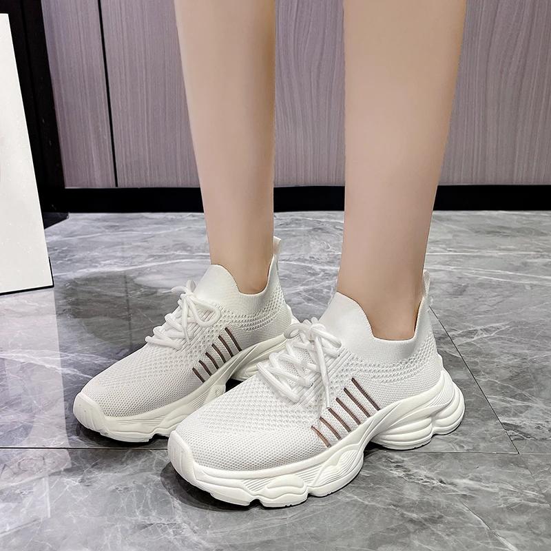 

Breathable mesh flying Weaver girl style sports shoes, new summer versatile casual lace-up thick-soled anti-slip dad shoes 40 белый