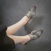 Johnature Vintage Genuine Leather Handmade Flower High Heel Slippers Pointed Toe Women's Shoes